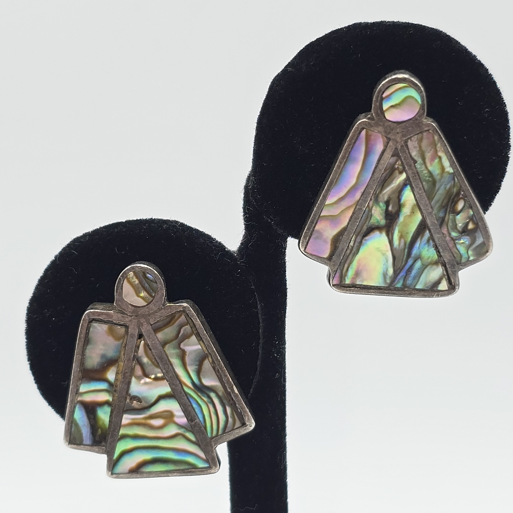 VTG Sterling Silver Abalone Angel Screw Back Earrings Mexico MCM Figural